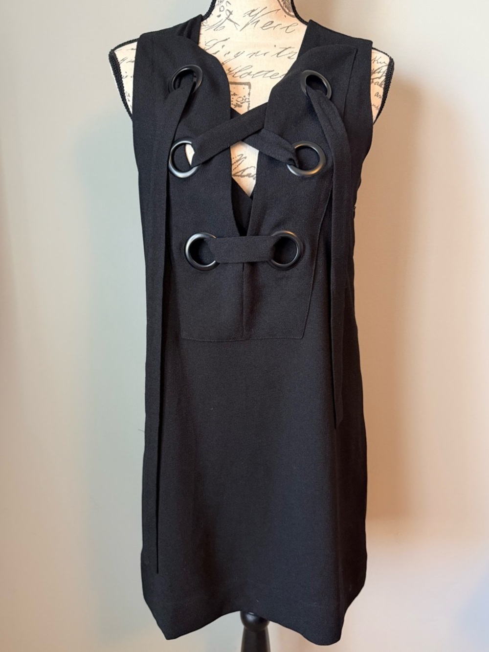 English Factory Black Grommet Lace Up Mini Shift Dress Sleeveless, small - Picture 2 of 6